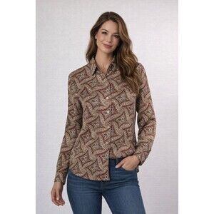 Talbots 100% Silk Blouse Womens 14 Brown Paisley Button Up Long Sleeve